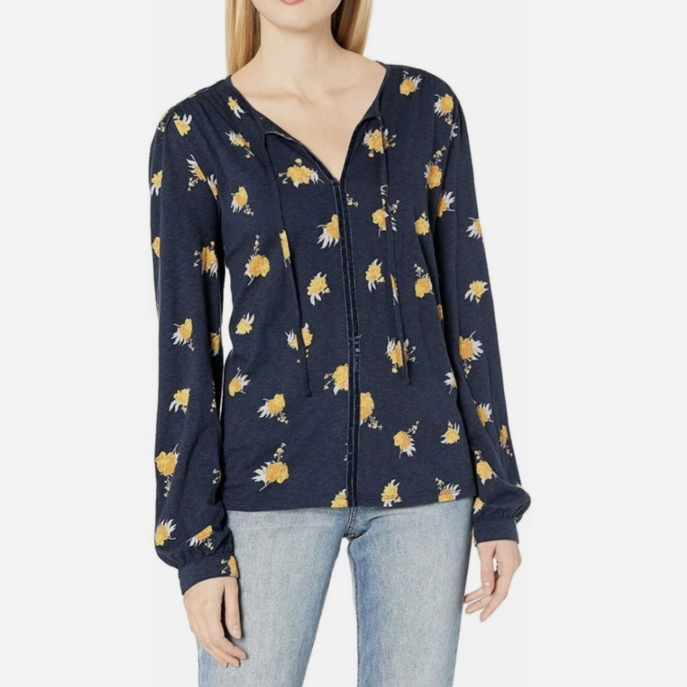 Floral Long Sleeve Brushed CottonTee Navy and Yellow